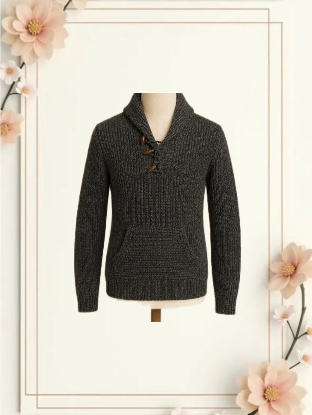 Men’s Gray/Blue Pullover Knit Toggle Mock Neck Sweater